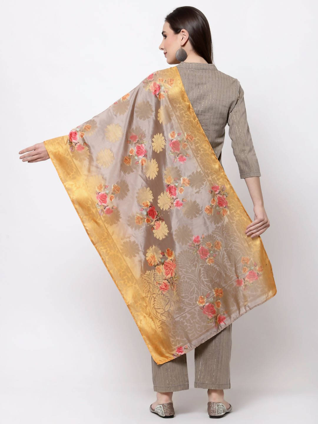 Myshka Women's Khaki Cotton Solid 3/4 Sleeve Mandarin Neck Casual Kurta Pant Dupatta Set | Grocsy