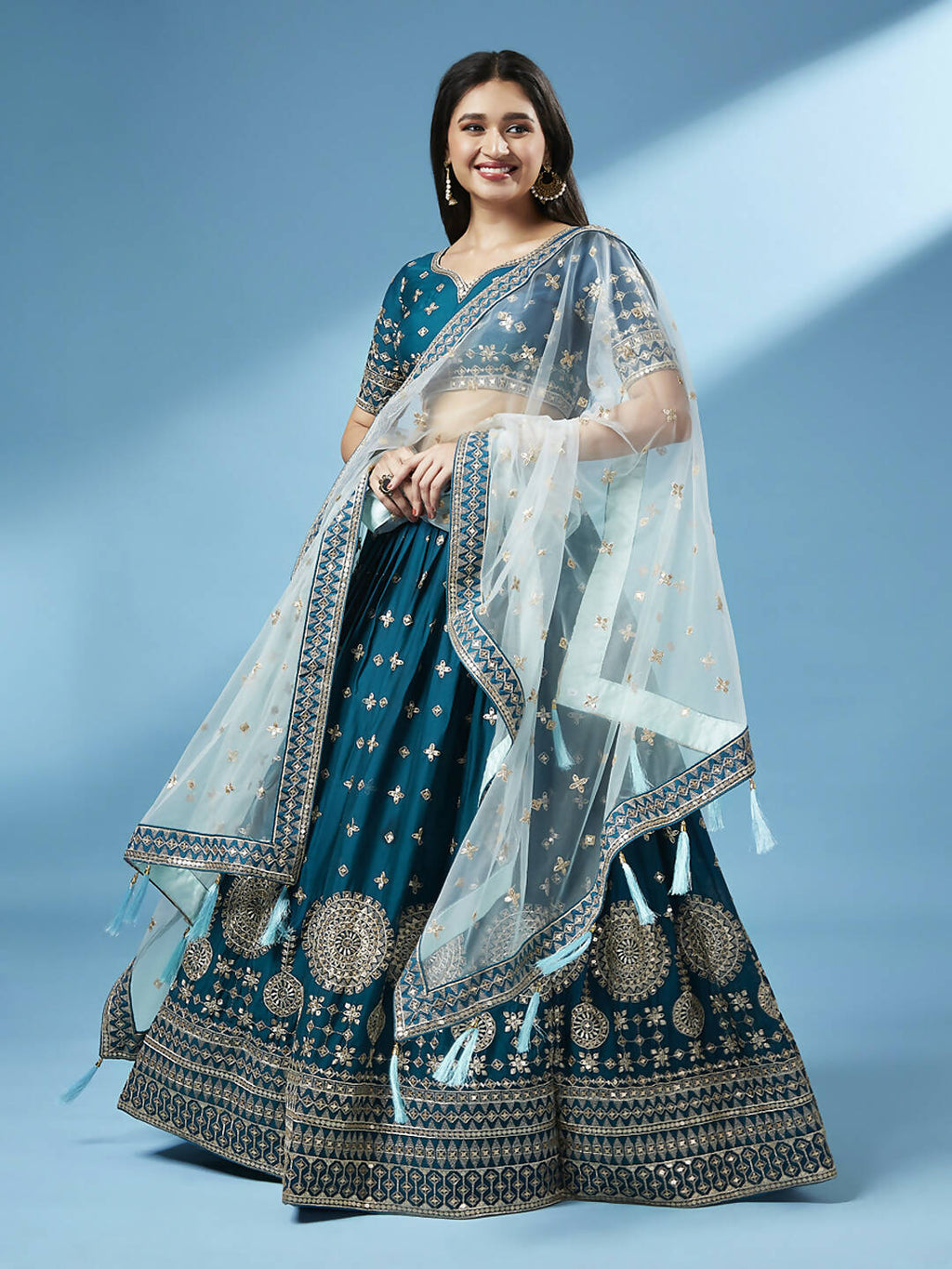 House of Panchhi Teal - Pure Georgette Embroidered Lehenga | Grocsy