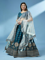 House of Panchhi Teal - Pure Georgette Embroidered Lehenga | Grocsy