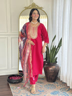 The52 Rani Gorgeous Embroidered Chanderi Silk Fabric Straight Kurta Pant with Dupatta Set | Grocsy