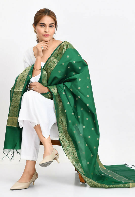 Mominos Fashion Moeza Women's Banarsi Silk Woven Design Green Dupatta | Grocsy
