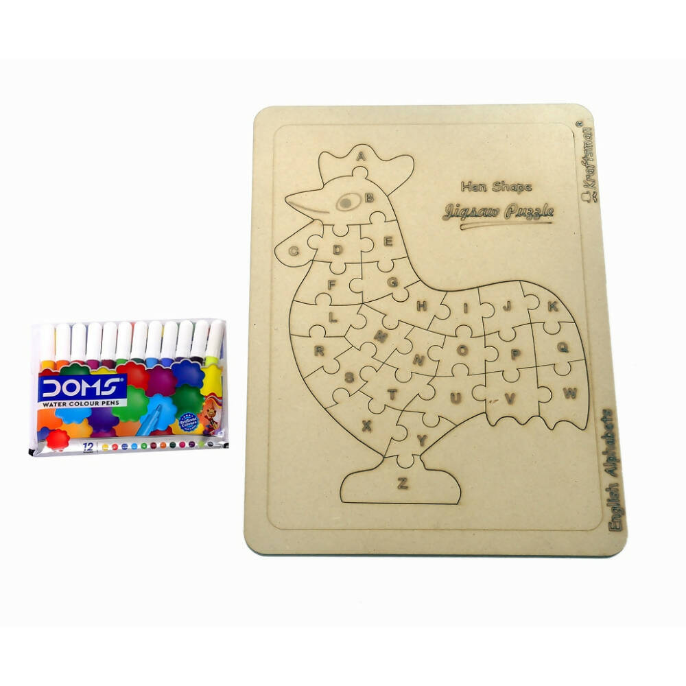 Kraftsman English Alphabets Wooden Jigsaw Puzzles Hen/Cock Shape Puzzle | Color Kit Included | Grocsy