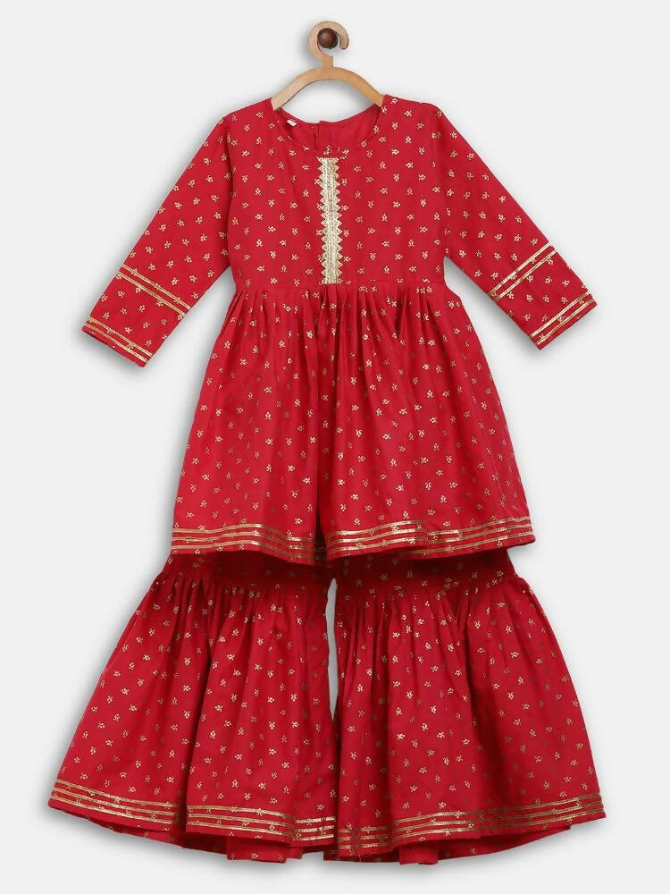 Ahalyaa Red Crepe Gold Printed Kids Kurta Sharara Set For Girls | Grocsy