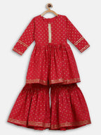 Ahalyaa Red Crepe Gold Printed Kids Kurta Sharara Set For Girls | Grocsy