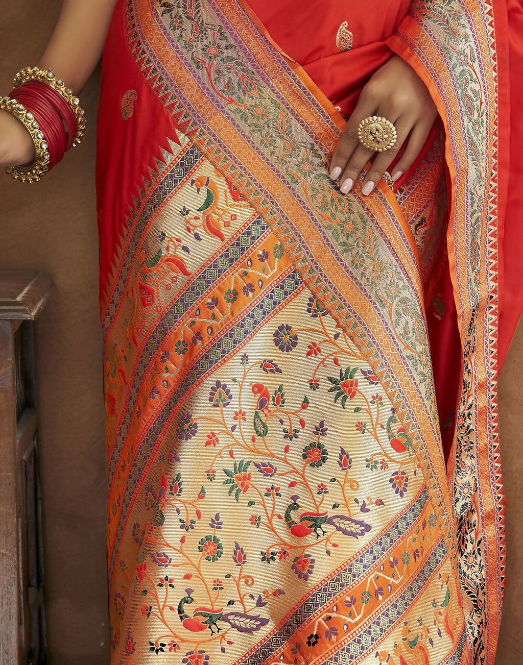 Vastranavya Red Soft Paithani Silk Saree With Gold Zari Weaving Motifs With Matching Blouse Fabric | Grocsy