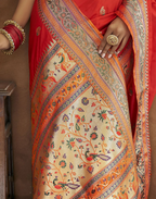 Vastranavya Red Soft Paithani Silk Saree With Gold Zari Weaving Motifs With Matching Blouse Fabric | Grocsy