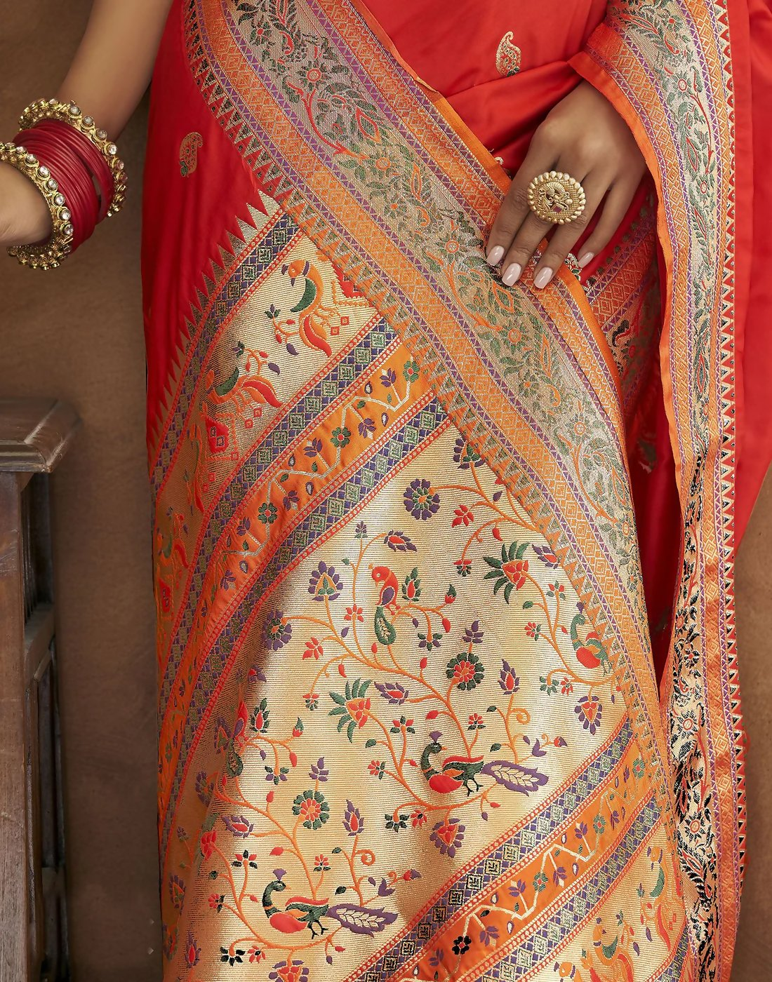 Vastranavya Red Soft Paithani Silk Saree With Gold Zari Weaving Motifs With Matching Blouse Fabric | Grocsy