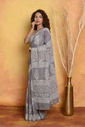 Very Much Indian Handblock Printed Cotton Saree With Natural Dyes - Grey | Grocsy