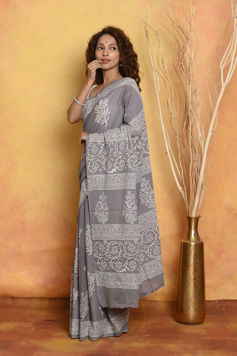 Very Much Indian Handblock Printed Cotton Saree With Natural Dyes - Grey | Grocsy