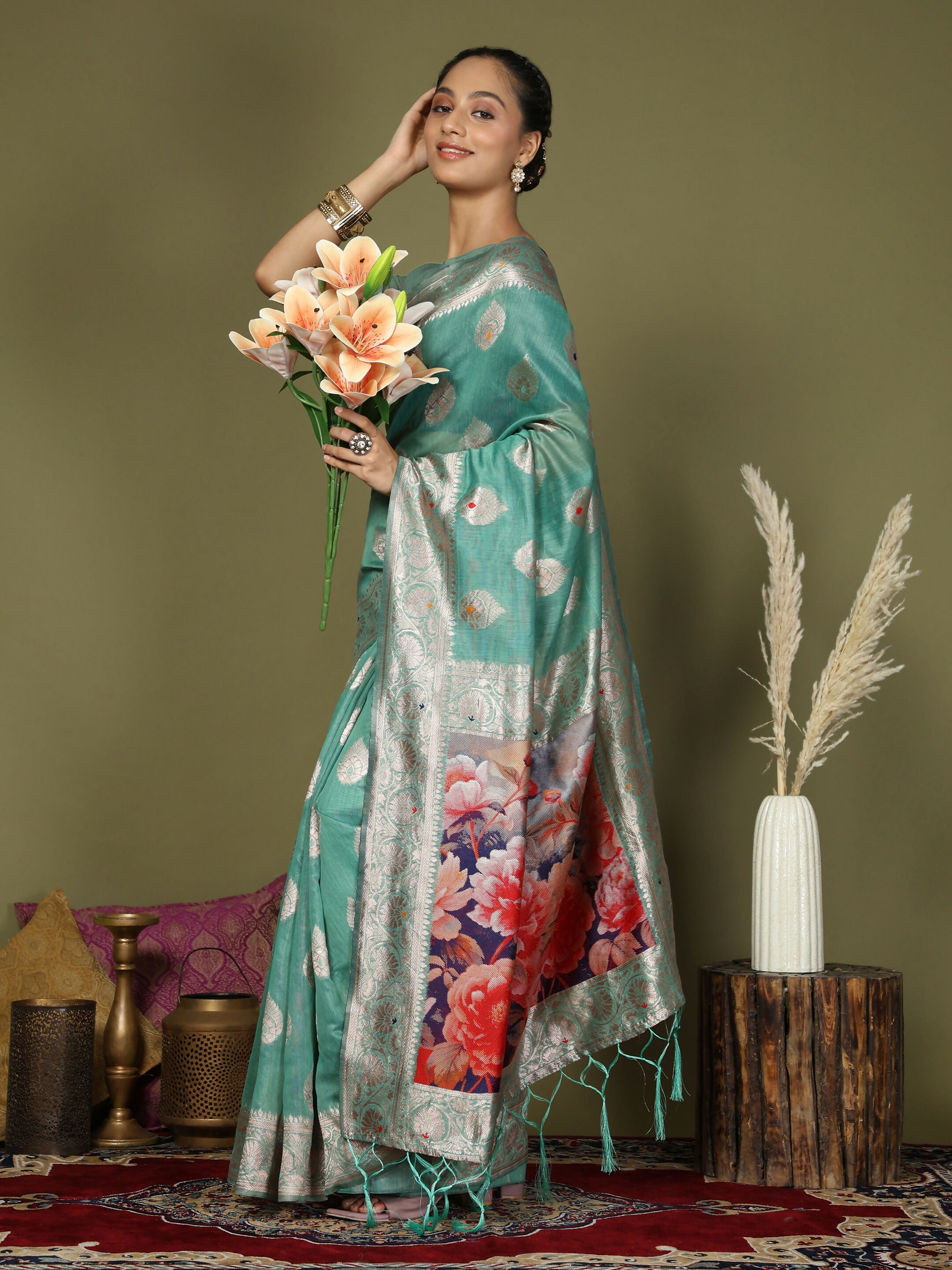 Shree Shyam Fashion Linen Cotton Rama Green Saree | Grocsy