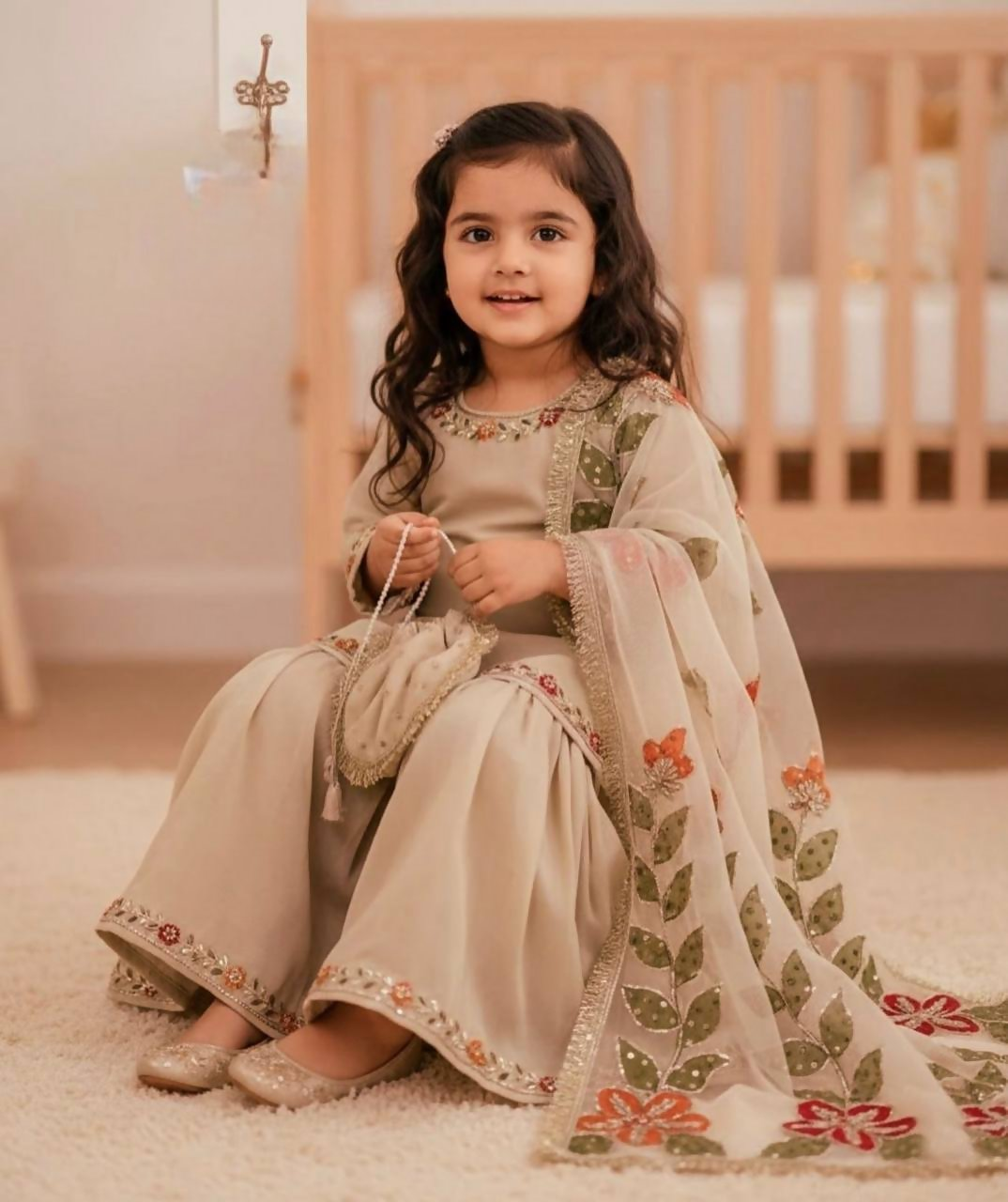 Teeya Creation New Kids Wedding Wear Heavy Embroidery Sequence Work Kurta Sharara Set-Beige | Grocsy