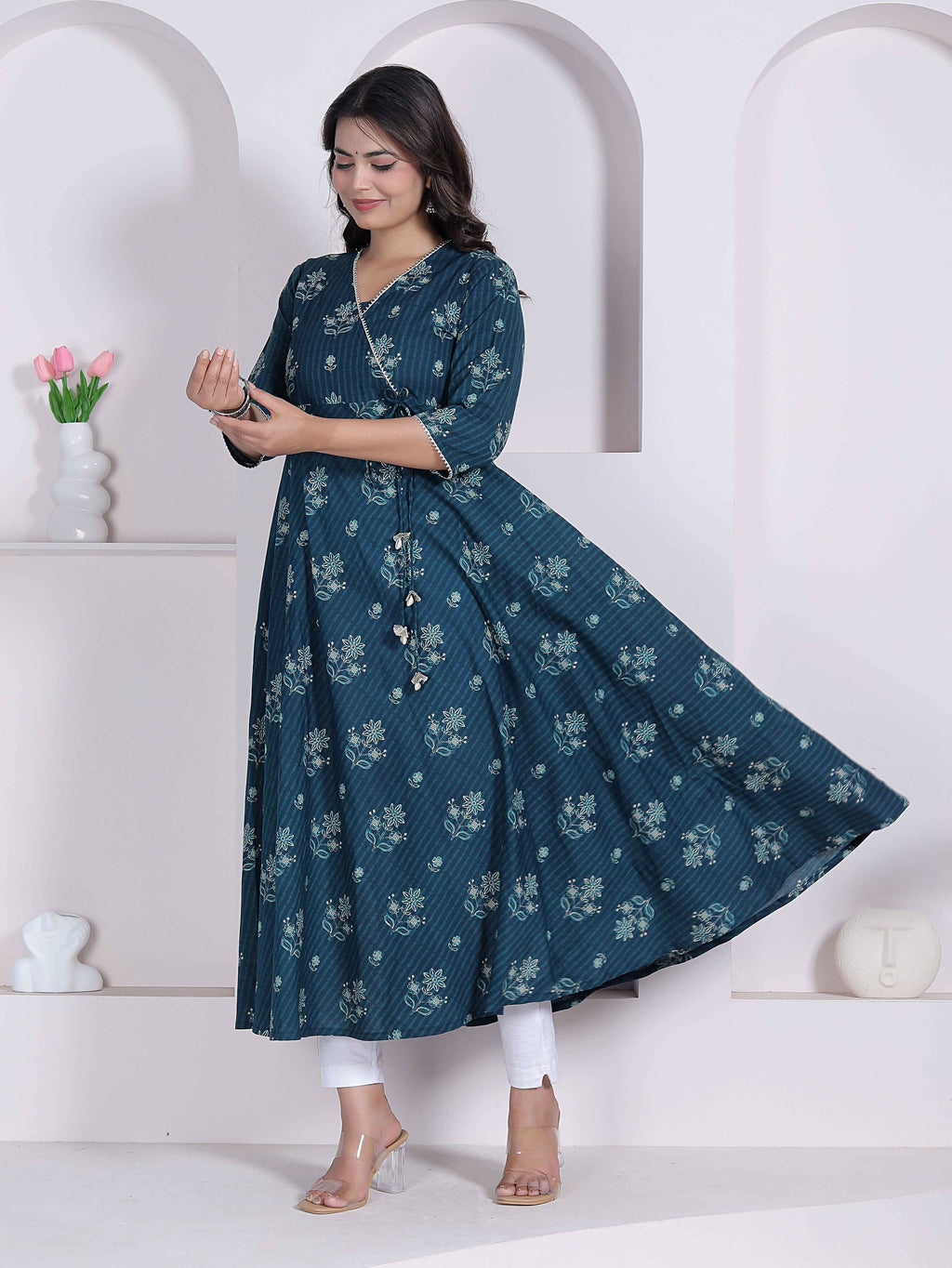 Miravan Womens Blue Ethnic Motifs Printed V-Neck Cotton Angrakha Kurta | Grocsy