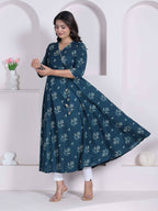 Miravan Womens Blue Ethnic Motifs Printed V-Neck Cotton Angrakha Kurta | Grocsy