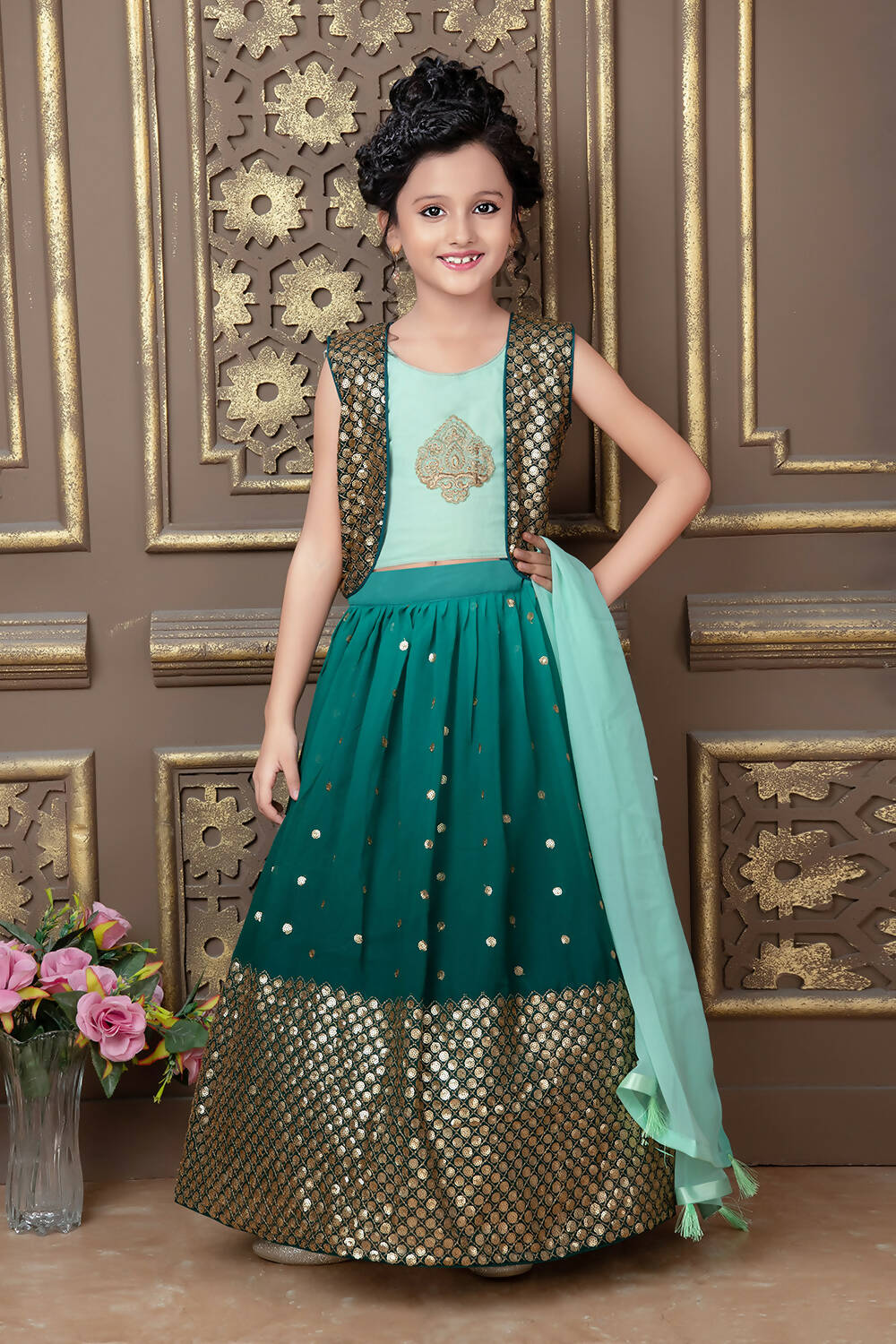 Kids Wedding Designer Green Georgette Lehenga Choli - Aaradhna | Grocsy