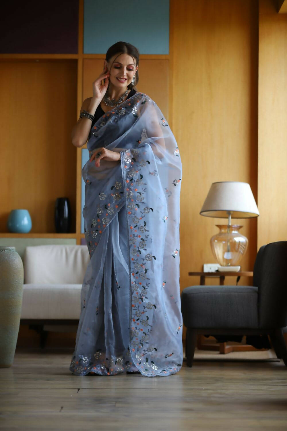 Vamsee Blue Organza Saree | Grocsy