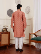 Orange Viscose Woven Jacquard Work Men's Rajwadi Kurta Set - Mahotsav | Grocsy