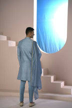 Majestic Blue Sherwani With Intricate Gold Crane And Floral Hand Embroidery. by Hilo Design | Grocsy