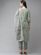 Yufta Green and off-white yoke design Kurta with Palazzo with Dupatta Set | Grocsy