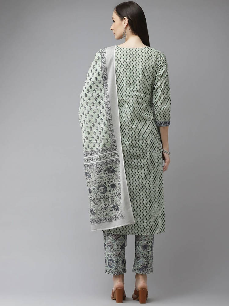 Yufta Green and off-white yoke design Kurta with Palazzo with Dupatta Set | Grocsy