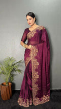 Vastranavya Wine Rangoli Silk Zari work with DMC Swarovski work Ready to Wear Saree | Grocsy