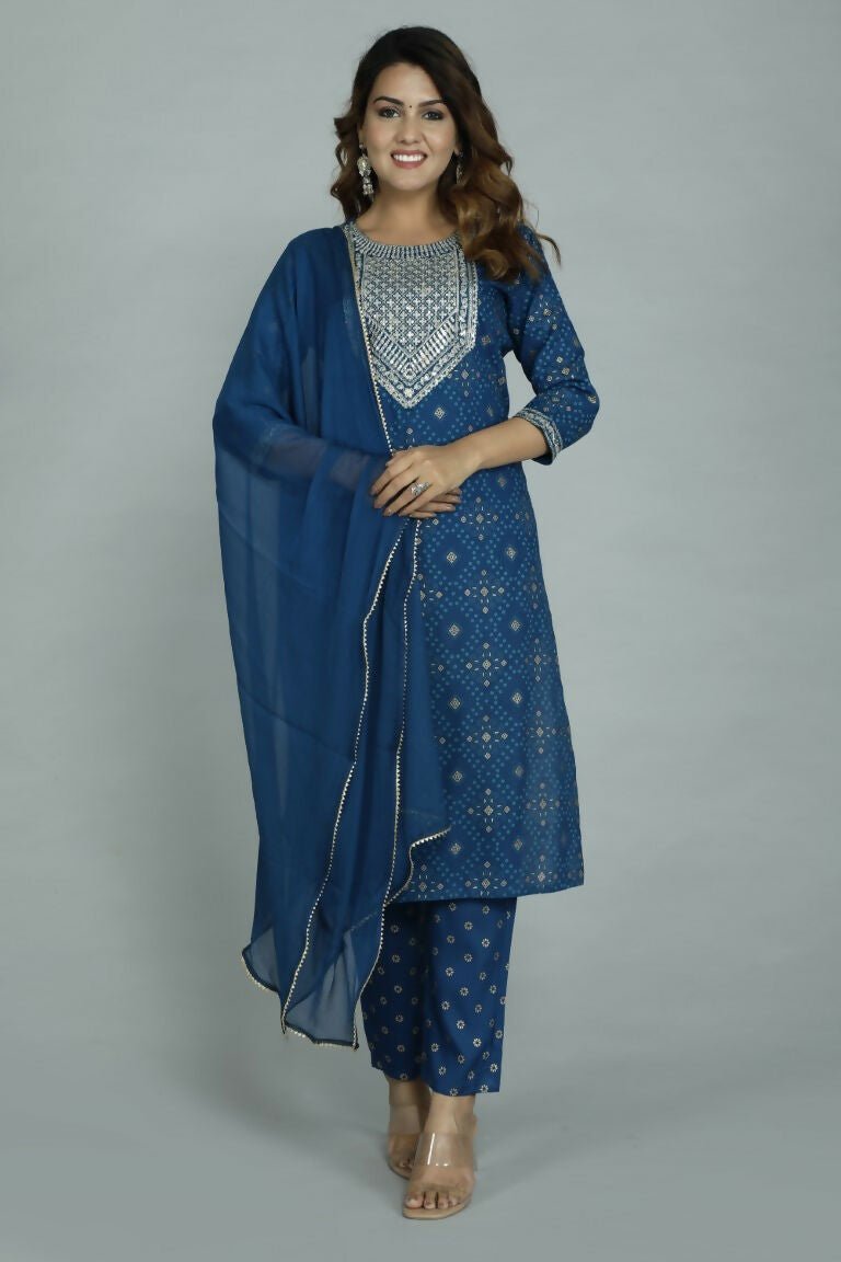 Alvano Printed Sequence Kurti with Pant and Dupatta set Rayon (Blue) | Grocsy