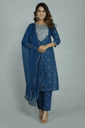 Alvano Printed Sequence Kurti with Pant and Dupatta set Rayon (Blue) | Grocsy