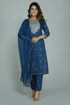 Alvano Printed Sequence Kurti with Pant and Dupatta set Rayon (Blue) | Grocsy