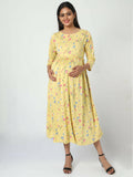 Manet Three Fourth Maternity Dress Floral Print With Concealed Zipper Nursing Access - Yellow | Grocsy