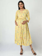 Manet Three Fourth Maternity Dress Floral Print With Concealed Zipper Nursing Access - Yellow | Grocsy