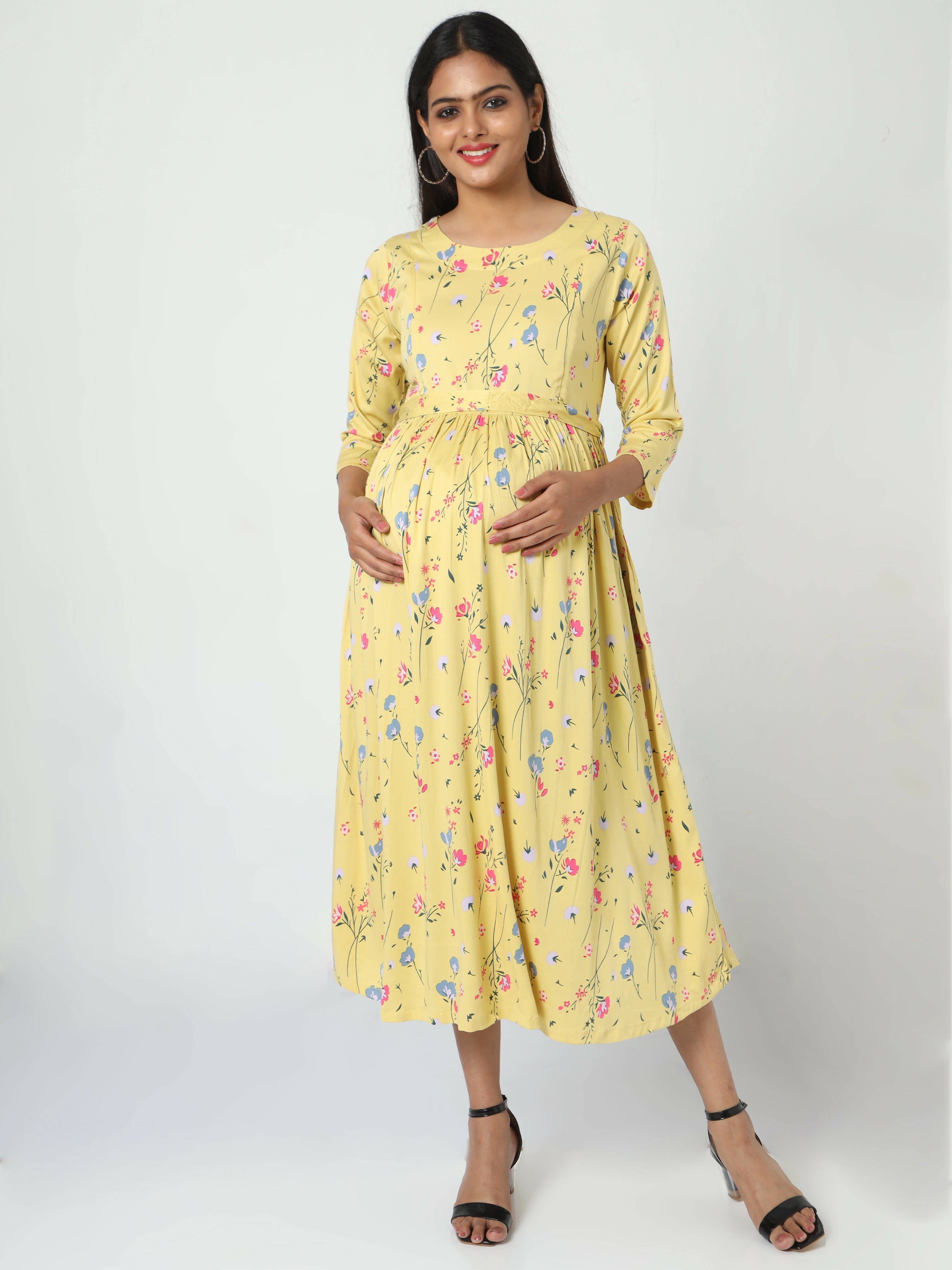 Manet Three Fourth Maternity Dress Floral Print With Concealed Zipper Nursing Access - Yellow | Grocsy