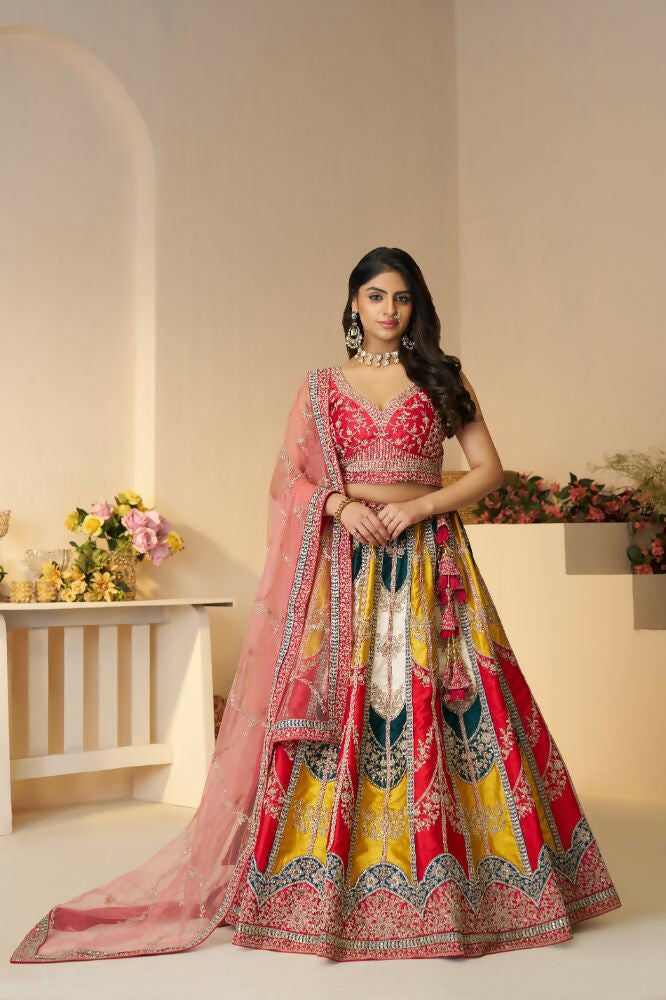 Kesar Fab Dark-Multicolor Silk Embroidered Lehenga | Grocsy