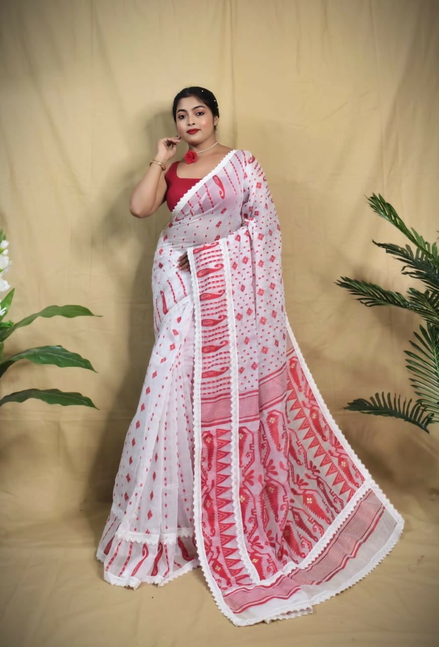 Exclusive Collection Beautiful White Red Jaal Jamdani Saree | Grocsy