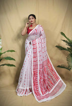 Exclusive Collection Beautiful White Red Jaal Jamdani Saree | Grocsy