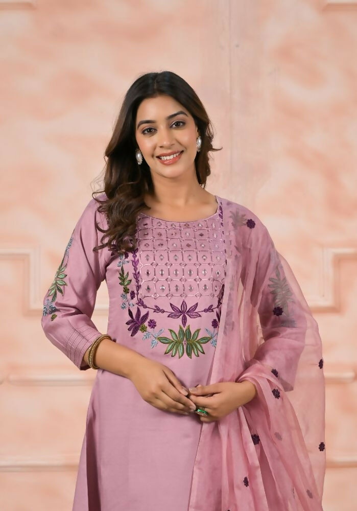 Ethnic Festive Wear Chanderi Slik Pink Stitched Suit With Dupatta - Anbazaar | Grocsy