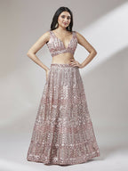 House of Panchhi Rose Gold Net Mirror & Sequinse embroidery Lehenga choli & Dupatta | Grocsy