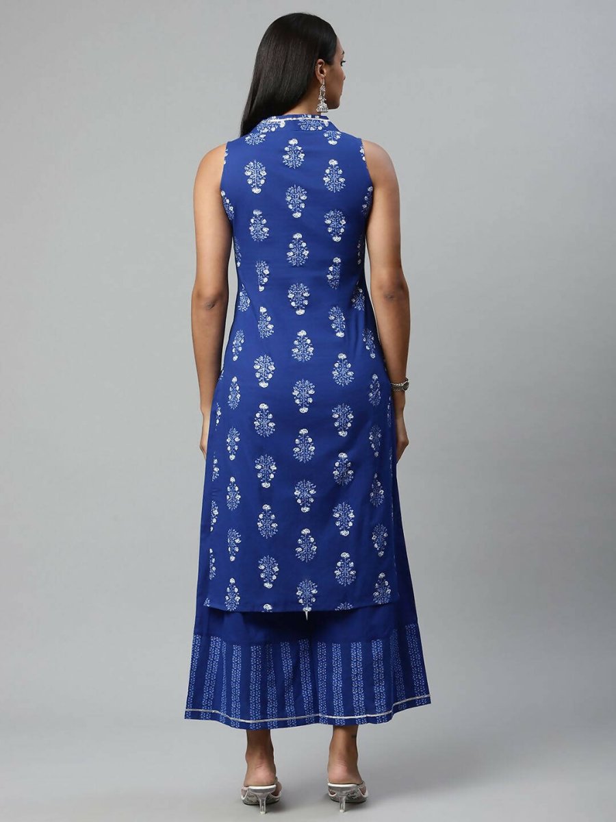 Ahalyaa Womens Indigo Blue Pure Cotton Printed Kurta Palazzo Set | Grocsy