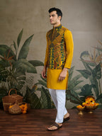 Vastranavya Yellow Exclusive Festival Viscose Silk Thread & Swarovski Embroidered Work Mens Wear Kurta & Koti | Grocsy