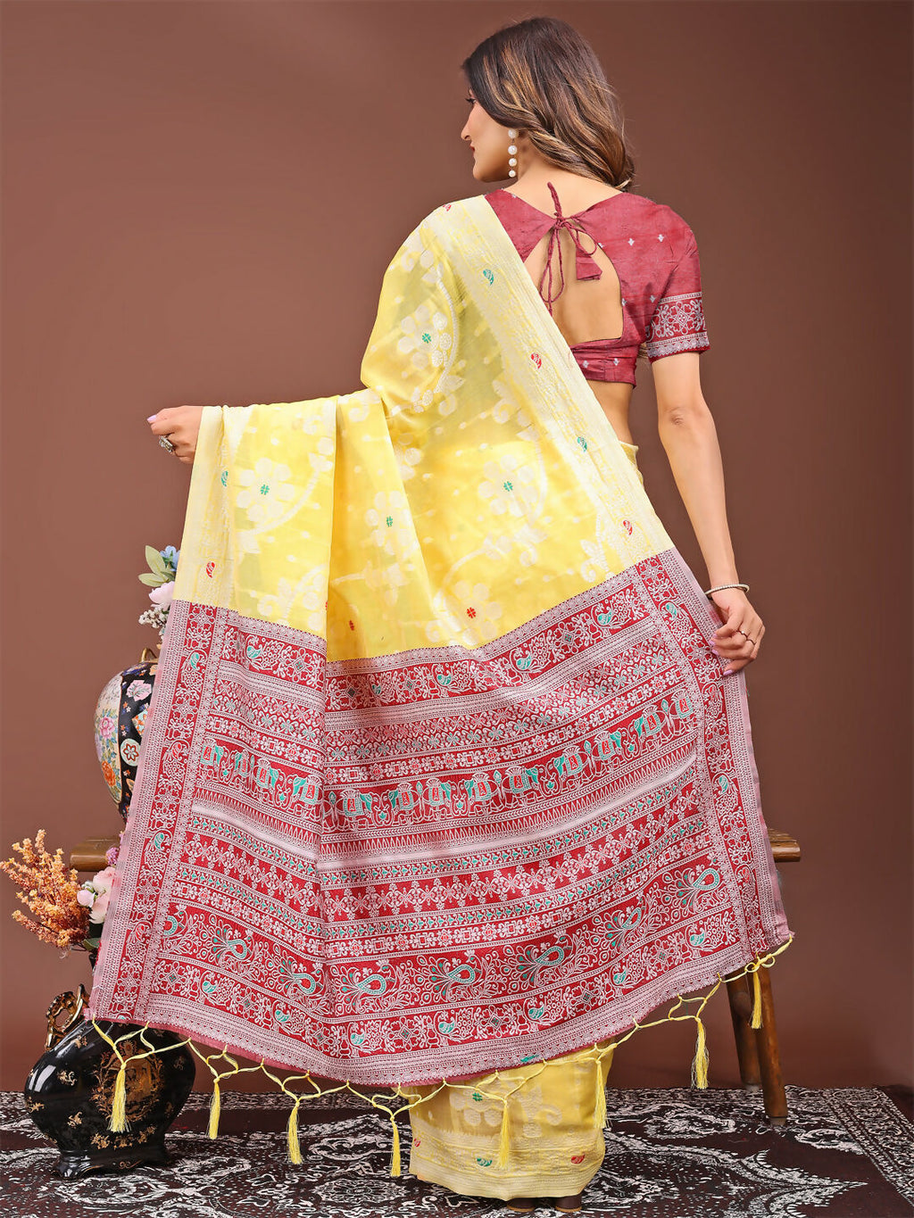 Shree Shyam Fashion Anaya Yellow Linen Cotton Saree | Grocsy