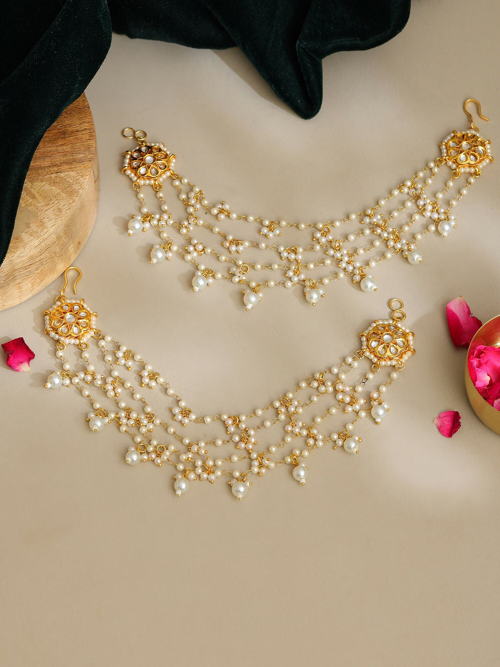Ruby Raang Gold Kundan and Pearl Chain (set of 2) | Grocsy