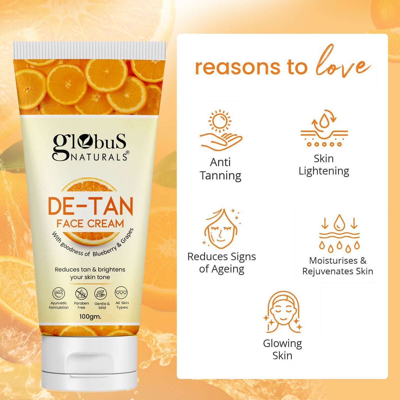 Globus Naturals De Tan Face Cream, Suitable For All Skin Types | Grocsy