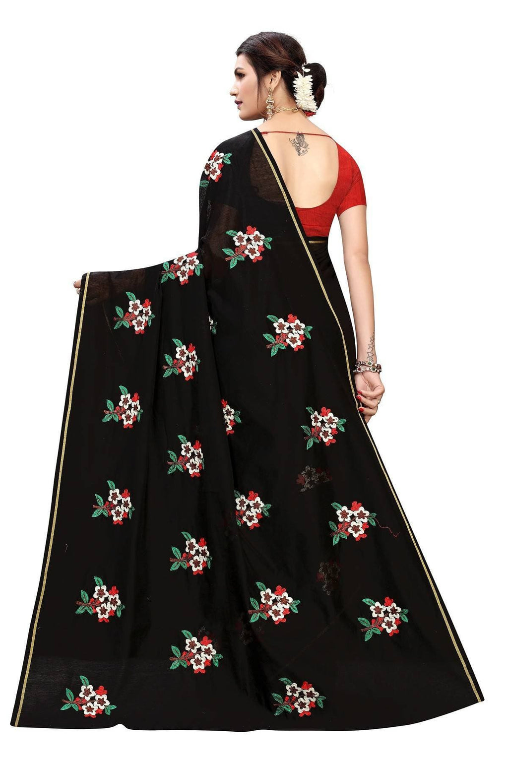 Vamika Black Chanderi Cotton Embroidery Floral Saree | Grocsy