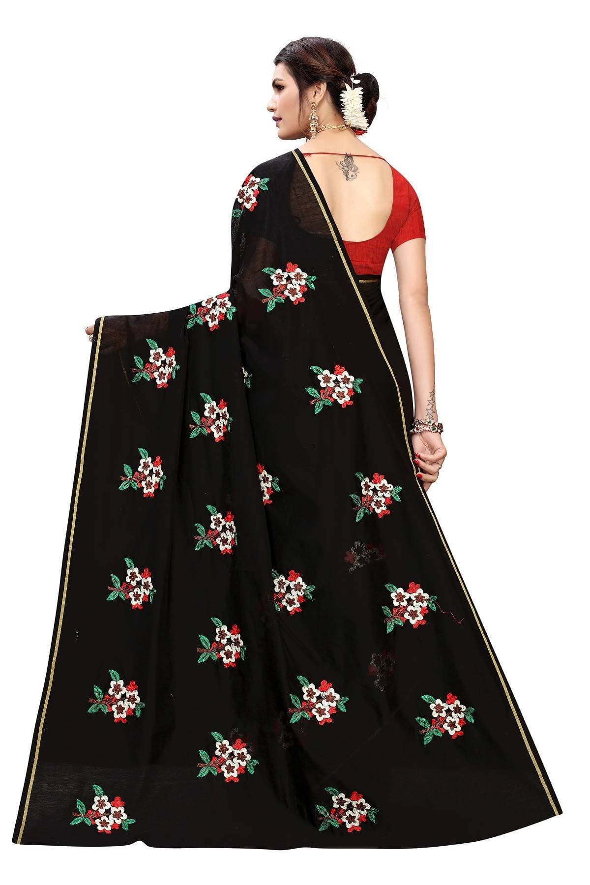 Vamika Black Chanderi Cotton Embroidery Floral Saree | Grocsy