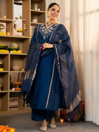 The52 Women's Beautiful Viscose Silk Fabric Embroidery Work A-Line Kurta Pant and Dupatta Set | Grocsy