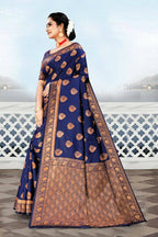 DEIANA'S Beautiful Designer Golden zari Soft Lichi Silk Saree - Blue | Grocsy