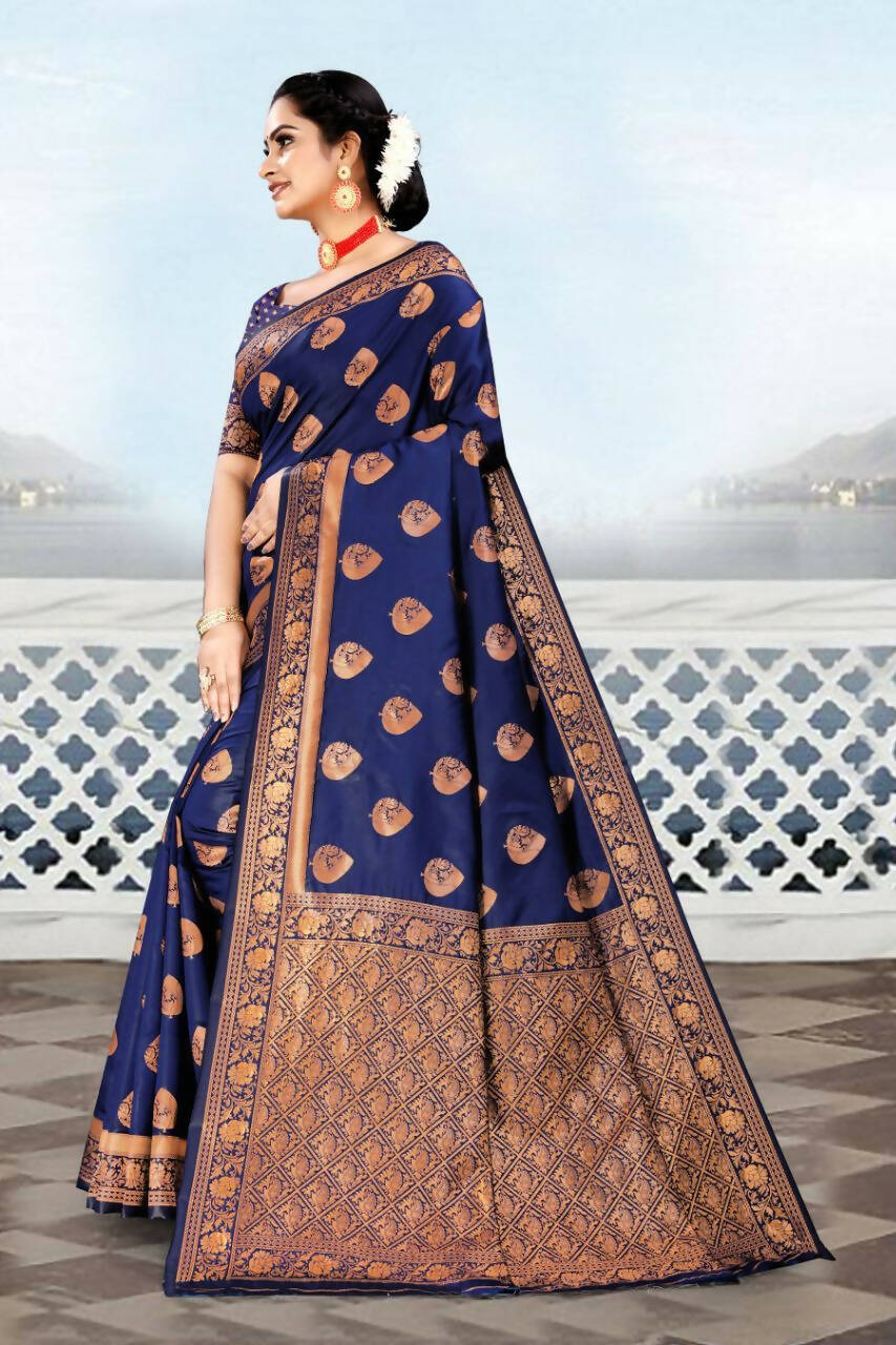 DEIANA'S Beautiful Designer Golden zari Soft Lichi Silk Saree - Blue | Grocsy