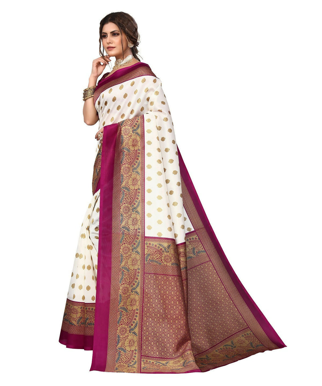 Vamika white & purple Printed Art Silk Saree | Grocsy