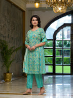 Juniper Women's Green Ethnic Motif Printed Cotton Kurta Pant And Dupatta Set With Mirror Work & Sequins | Grocsy