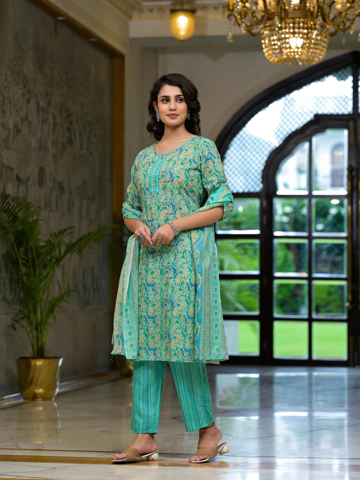 Juniper Women's Green Ethnic Motif Printed Cotton Kurta Pant And Dupatta Set With Mirror Work & Sequins | Grocsy