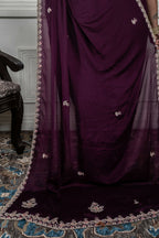 Morchari Wine Chiffon Hand Embroidery Saree And Stitched Blouse | Grocsy