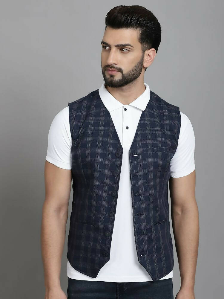 Even Apparels Checked Waistcoat With Welt Pockets - Navy Blue | Grocsy